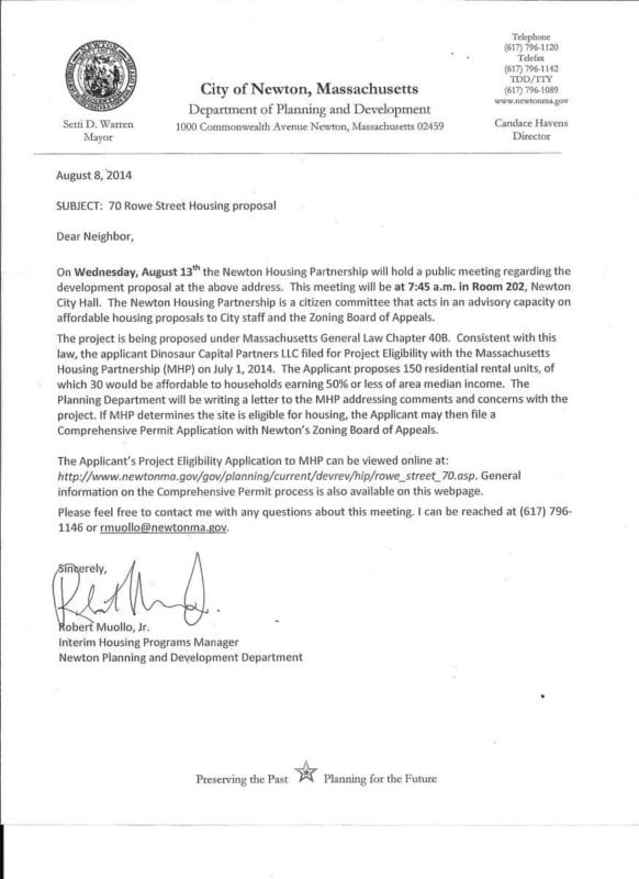 7:45am Wednesday meeting about Rowe St 40B (but we hope no one notices)